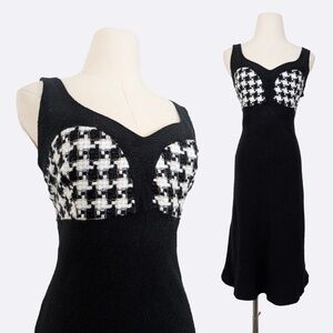 I.C.E. Houndstooth Tweed Midi Dress Sleeveless V-Neck Sweetheart Neckline A-line